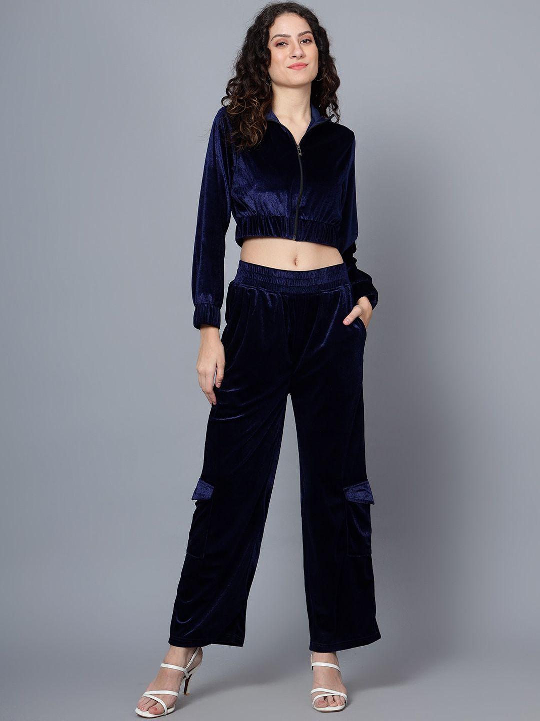 anvi be yourself black shirt collar velvet crop jacket with trousers