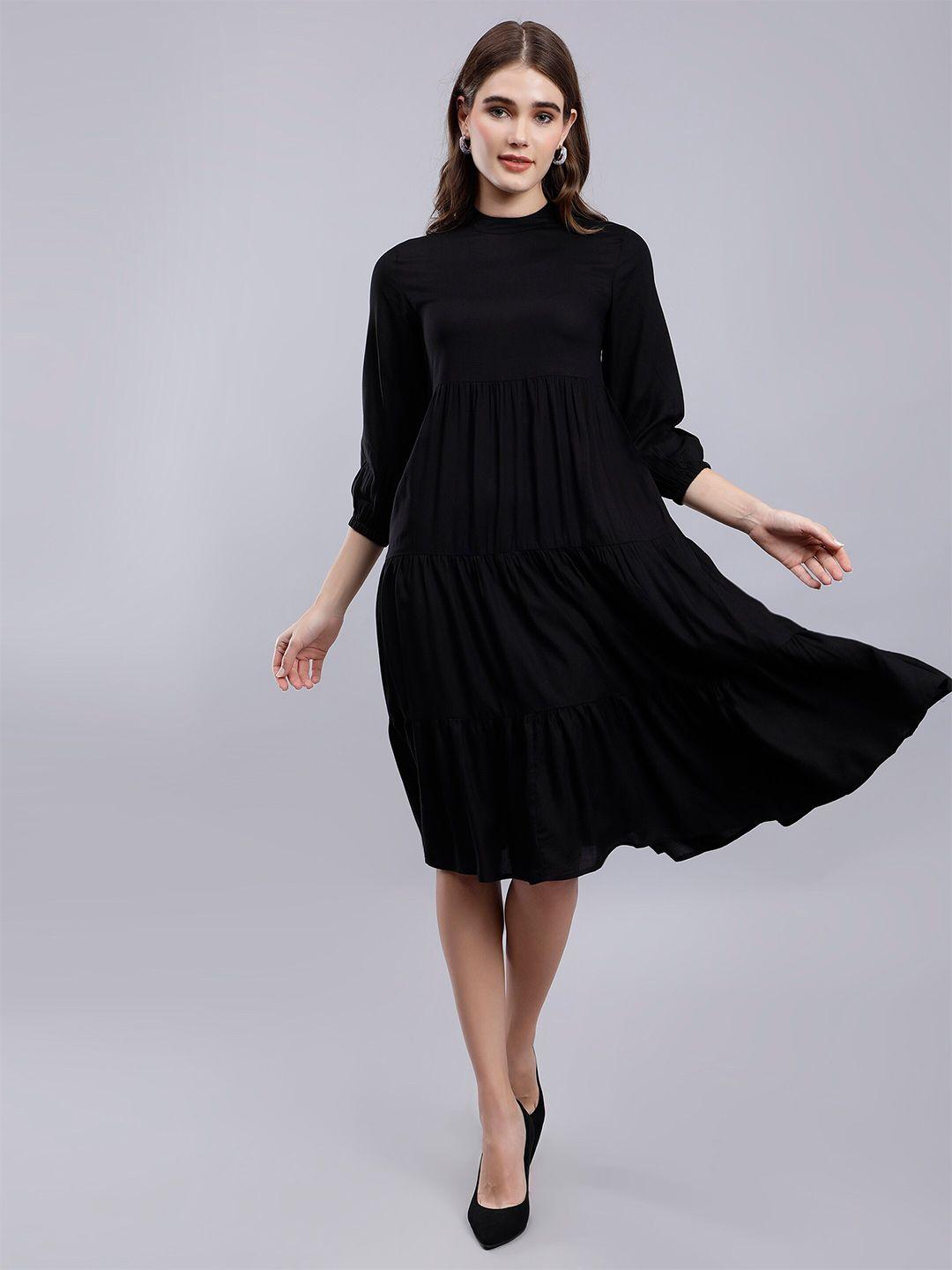 anvi be yourself black tie up neck gathered tiered fit & flare midi dress