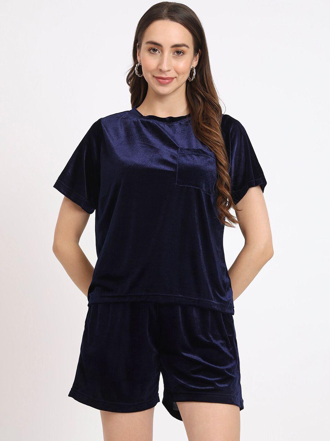anvi be yourself blue round-neck velvet t-shirt with shorts