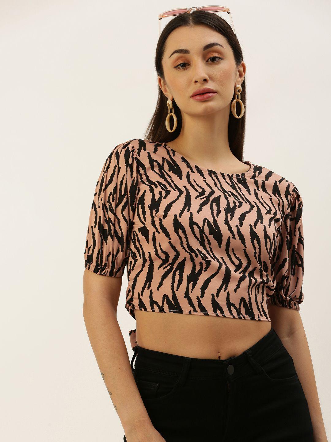 anvi be yourself brown & black animal print puff sleeve crepe blouson crop top