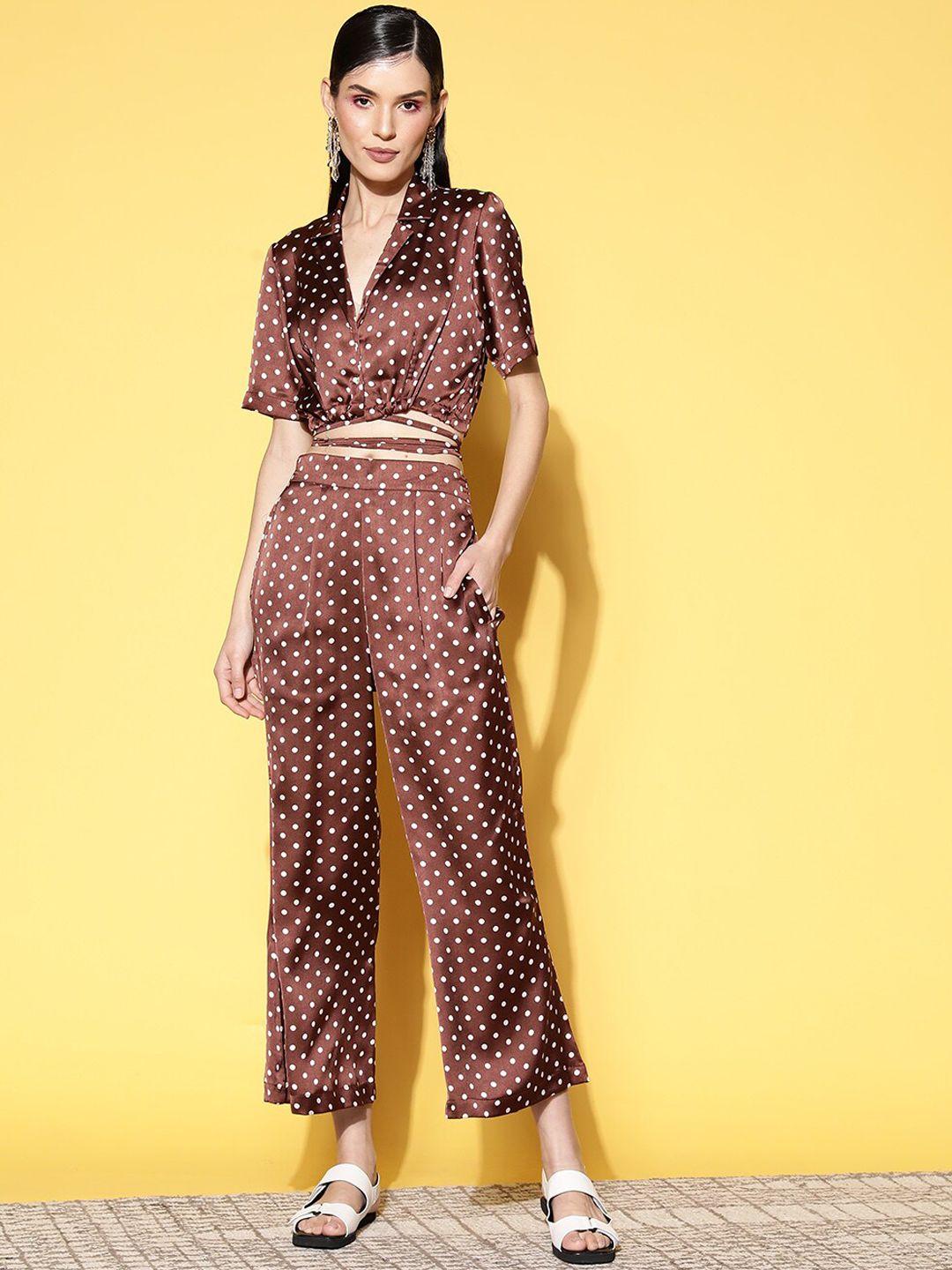 anvi be yourself brown polka dot printed top & palazzo