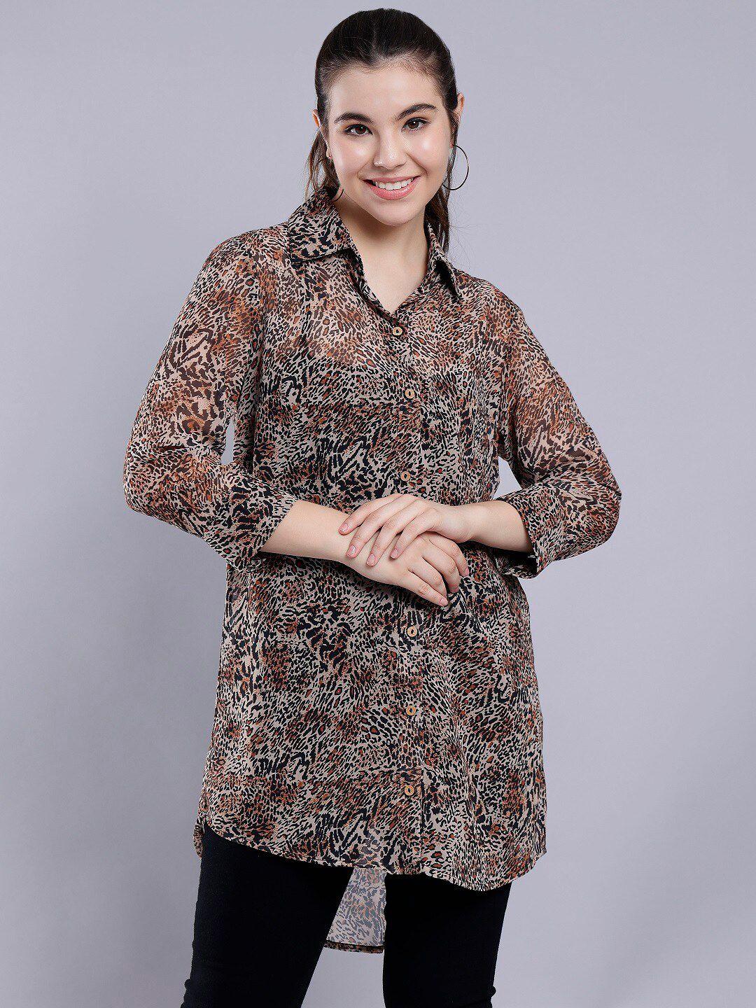 anvi be yourself brown smart tailored fit animal printed georgette longline casual shirt