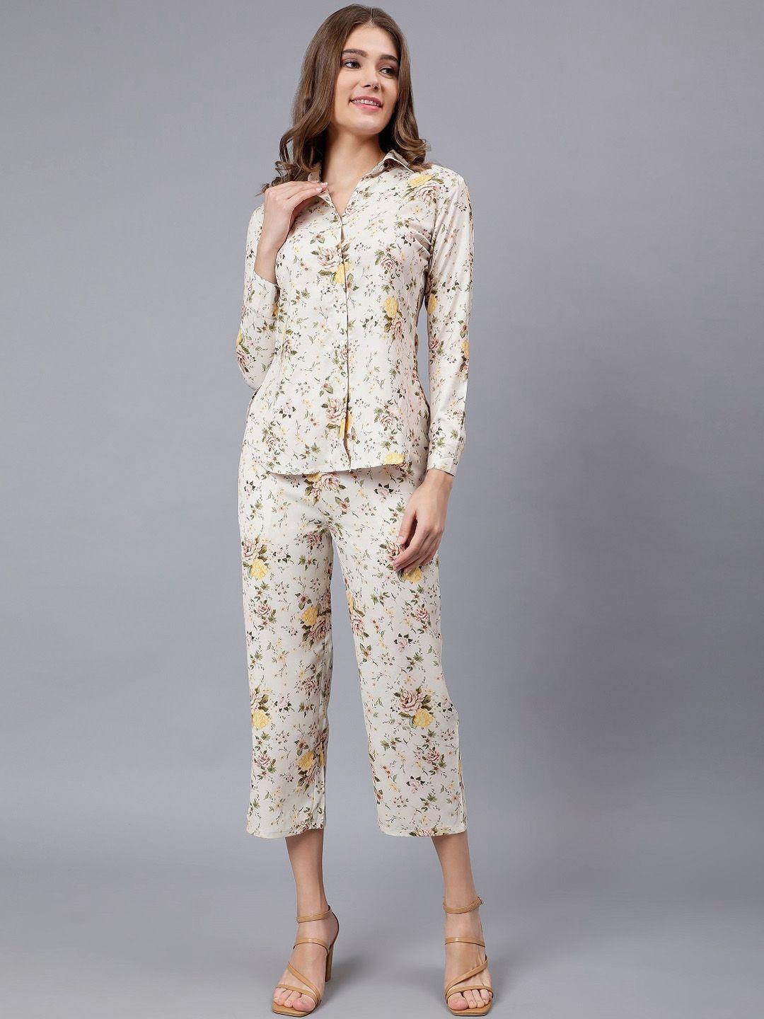 anvi be yourself cream-coloured floral printed shirt with trousers co-ords