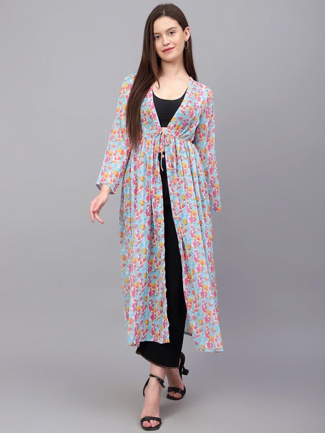 anvi be yourself floral printed longline sheer tie-up shrug