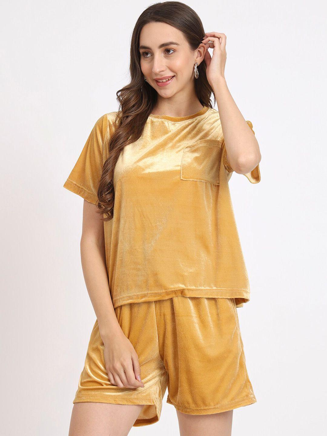anvi be yourself gold-toned round-neck velvet t-shirt with shorts