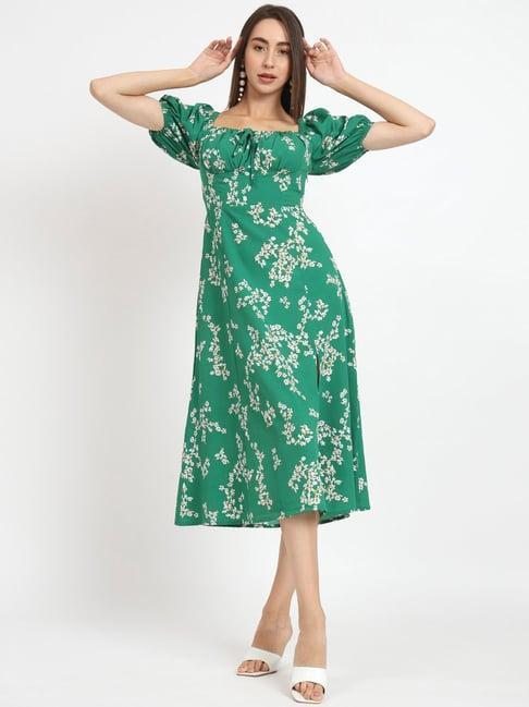 anvi be yourself green & white floral print midi dress