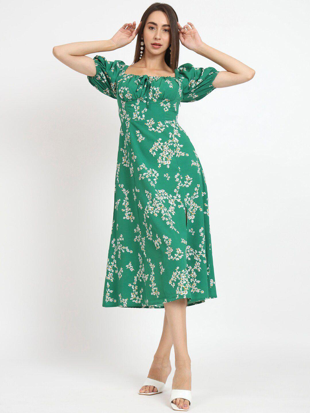 anvi be yourself green floral print puff sleeve crepe fit & flare midi dress