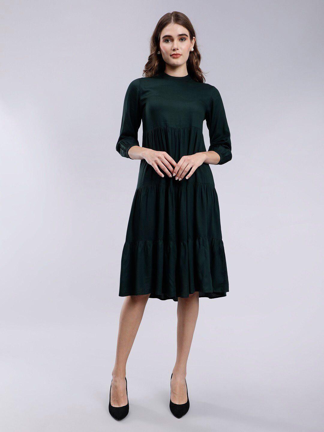 anvi be yourself green tie up neck gathered tiered fit & flare midi dress