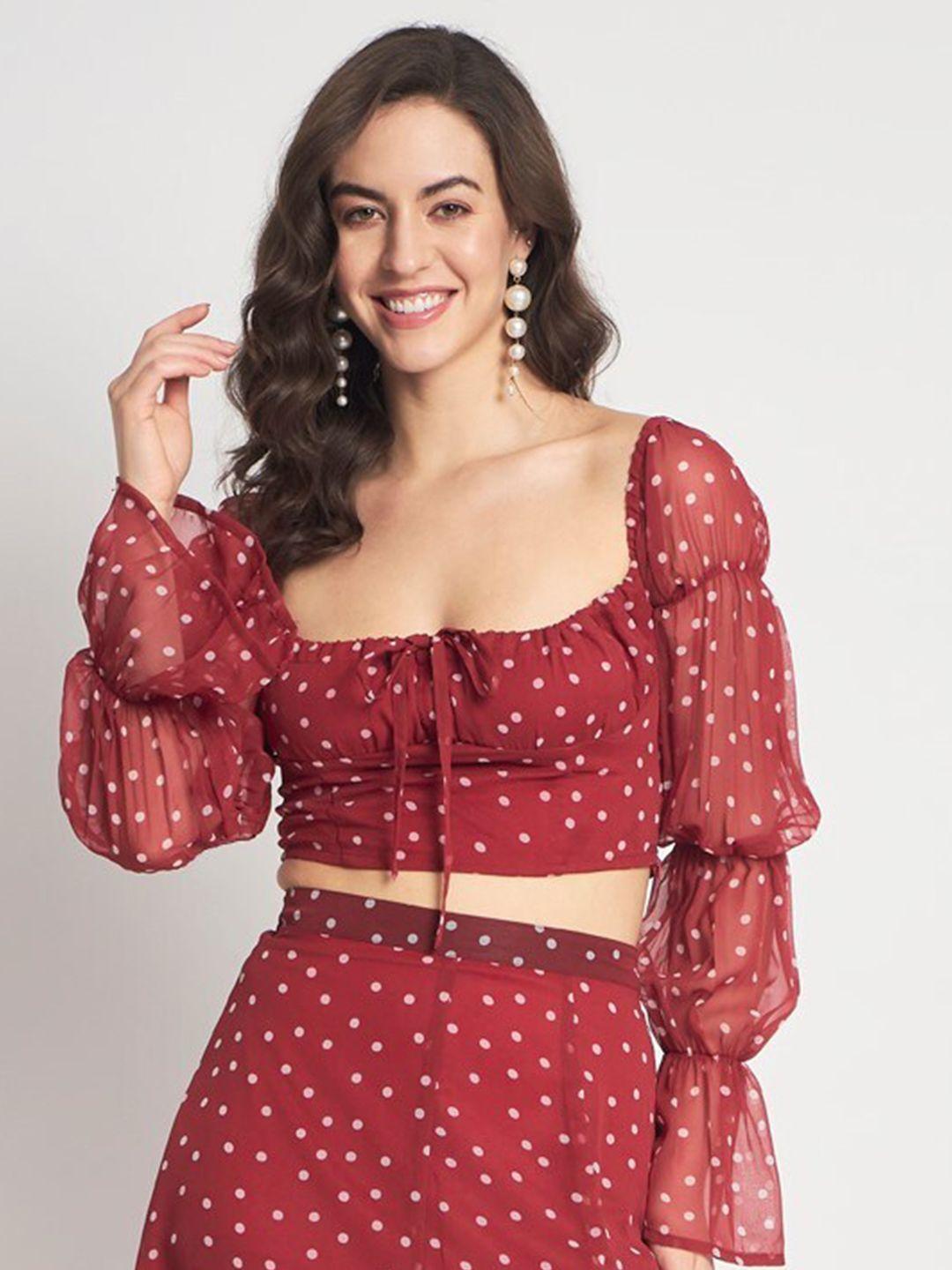 anvi be yourself maroon polka dot printed bell sleeve georgette bardot crop top