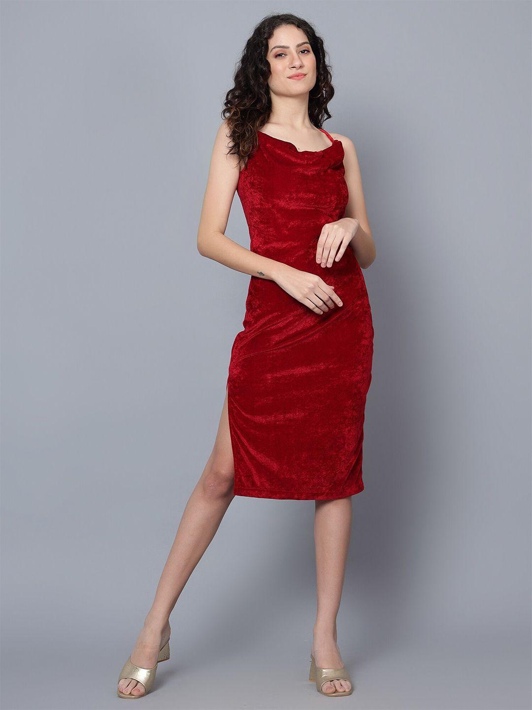 anvi be yourself maroon shoulder straps velvet sheath dress