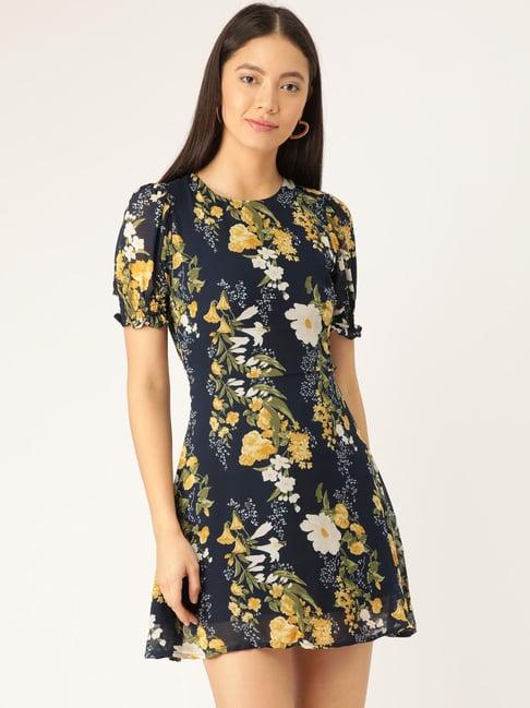 anvi be yourself navy & yellow floral print a-line dress