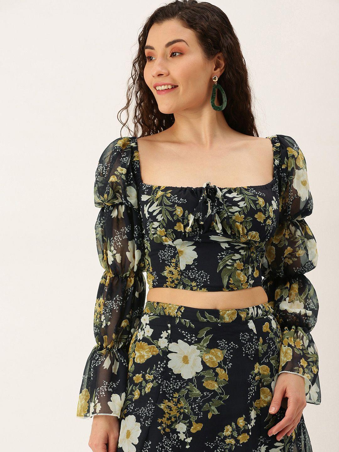 anvi be yourself navy blue & mustard yellow floral print crop top