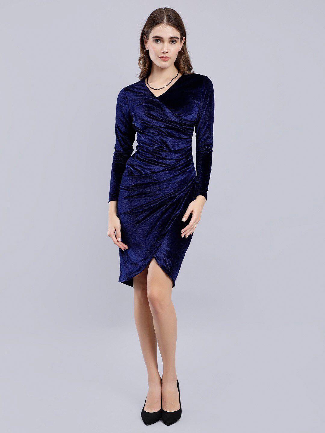 anvi be yourself navy blue v-neck gathered velvet tulip wrap dress