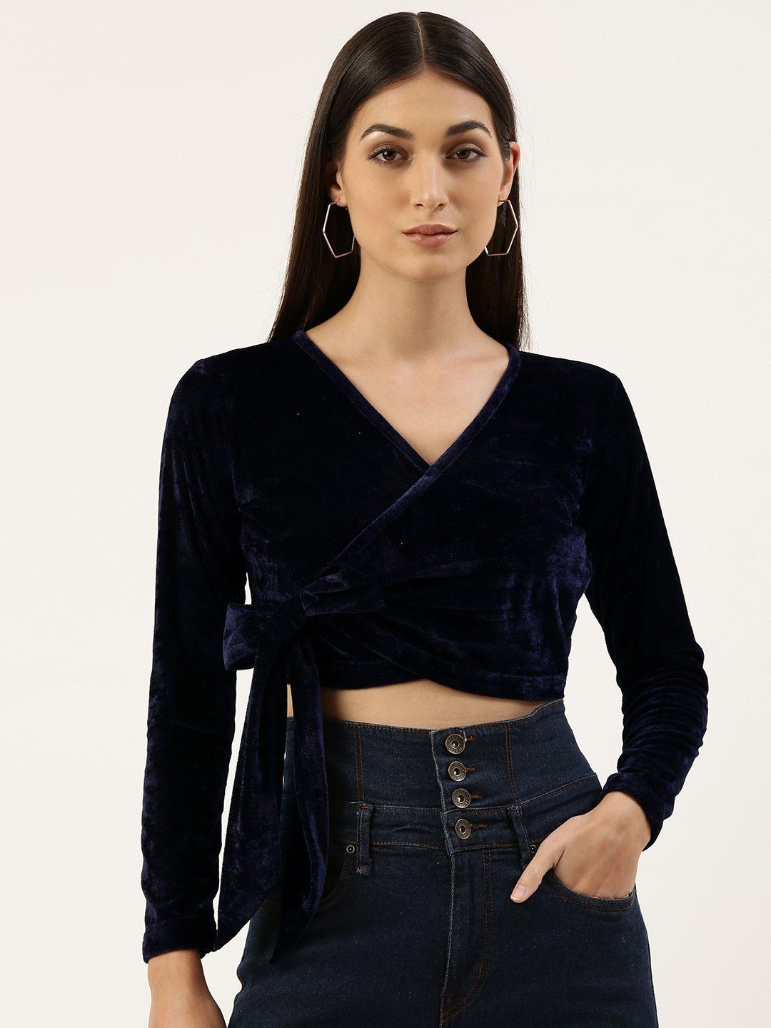 anvi be yourself navy blue velvet wrap crop top