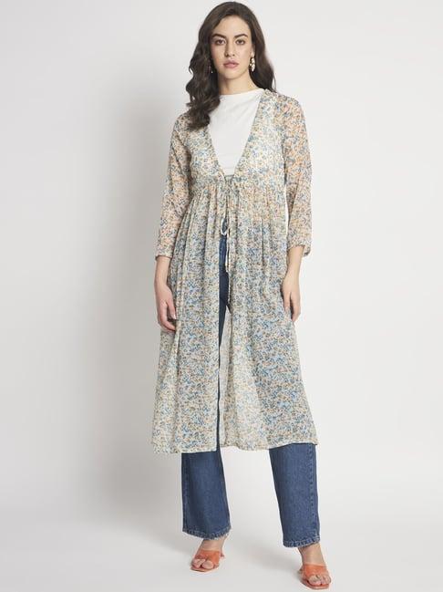 anvi be yourself off-white floral print longline tie-up shrug