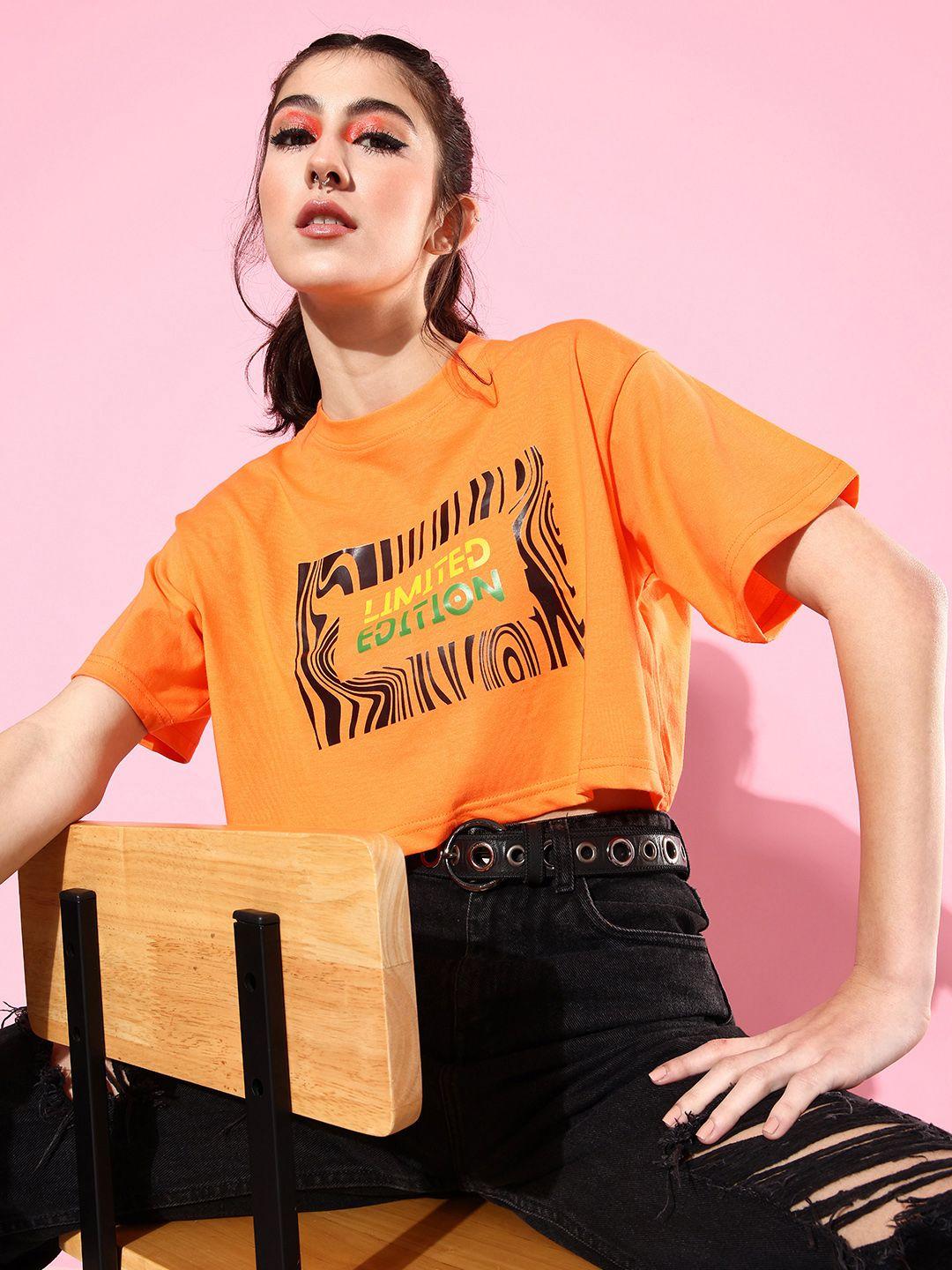 anvi be yourself orange & black printed loose t-shirt