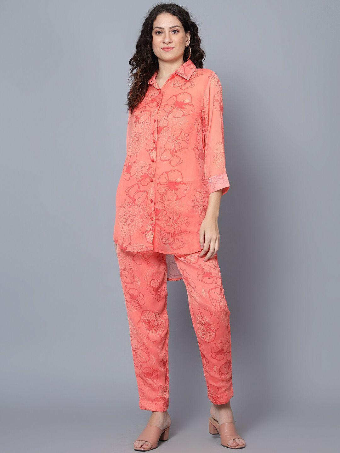 anvi be yourself peach-colured floral printed shirt collar longline shirt with trousers