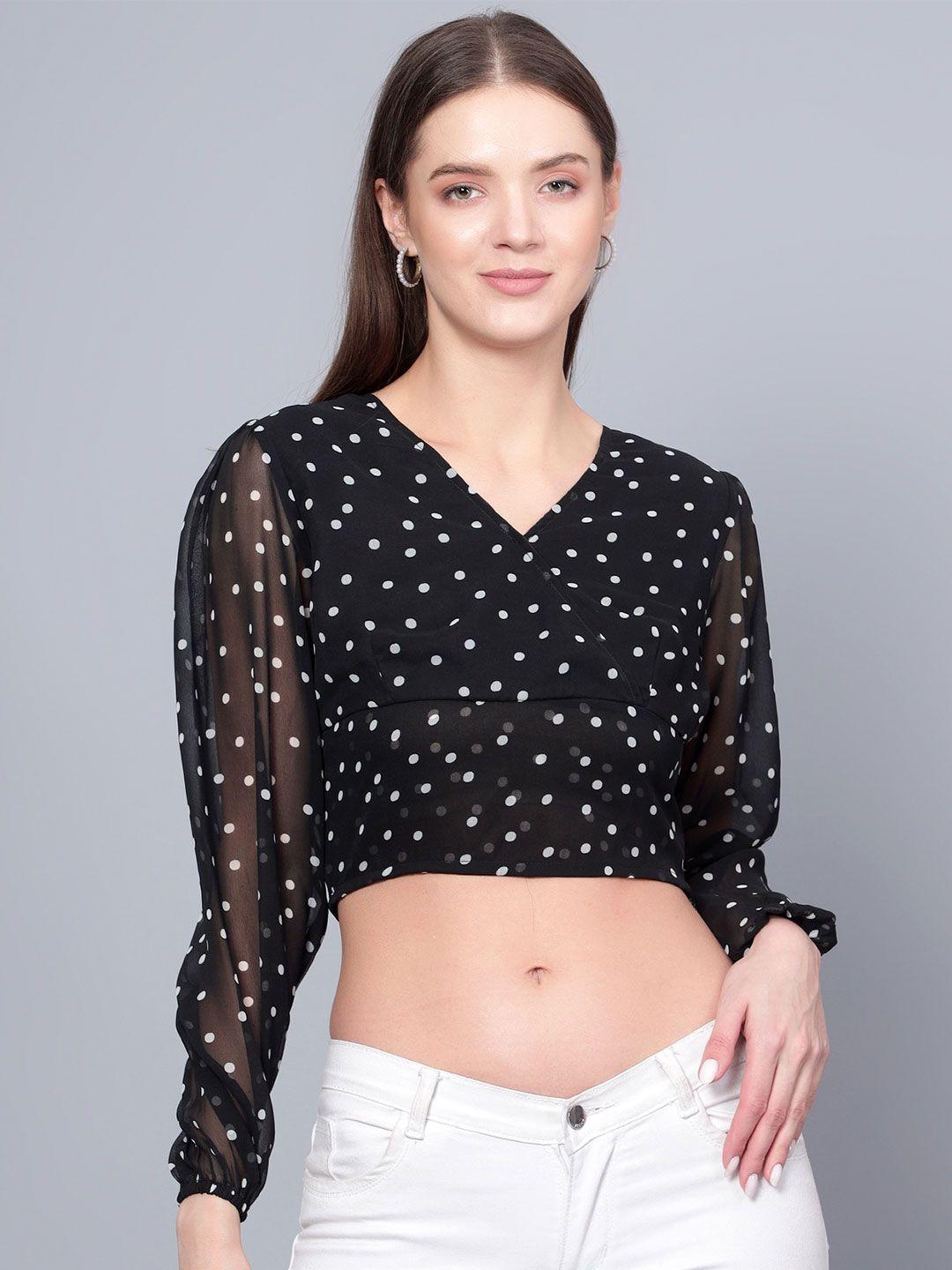 anvi be yourself polka dot print puff sleeve smocked georgette wrap crop top