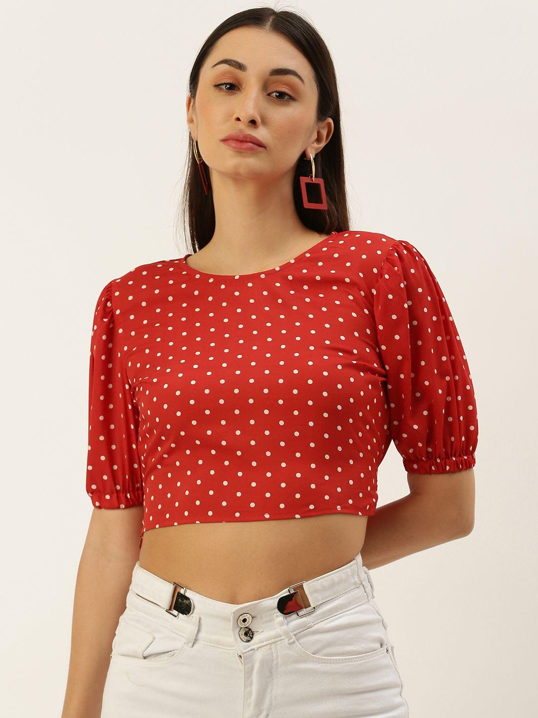 anvi be yourself red & white polka dot print puff sleeve crepe blouson crop top