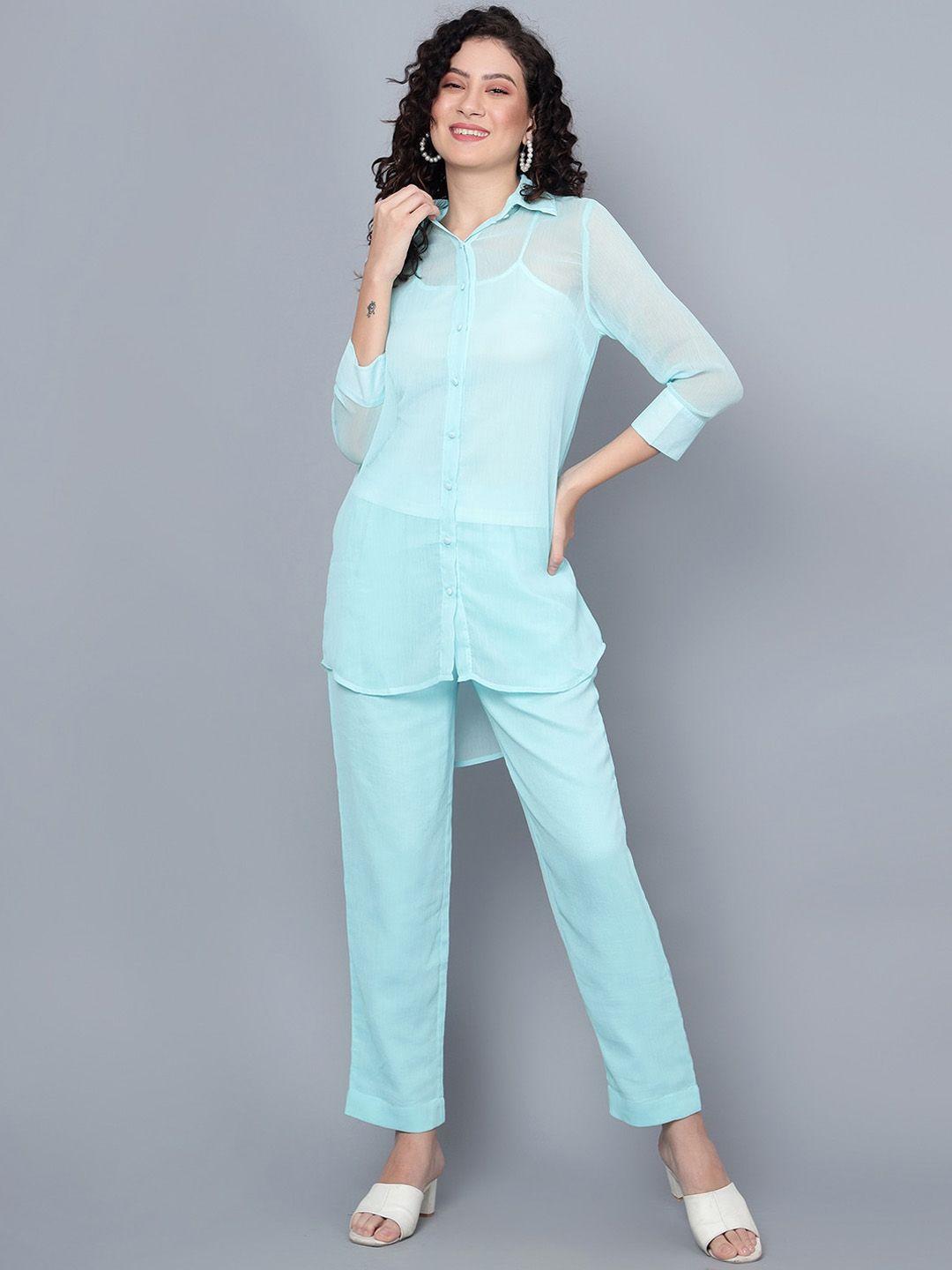 anvi be yourself shirt collar self design shirt style longline top & trouser with cami