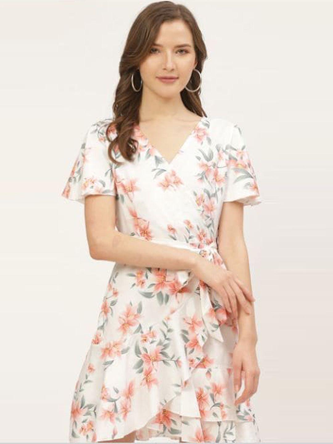 anvi be yourself white & peach-coloured floral crepe dress