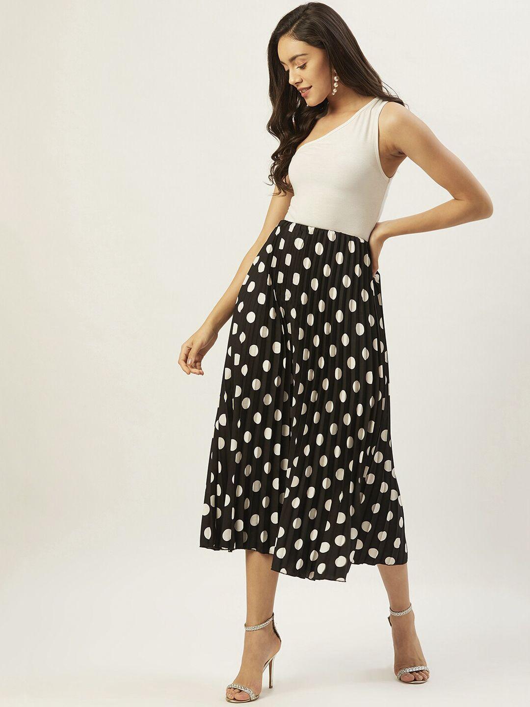 anvi be yourself women black & white polka dot printed flared midi skirt