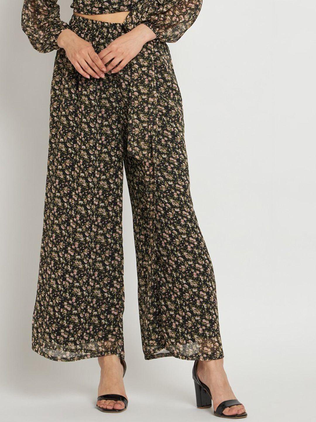 anvi be yourself women black floral printed relaxed straight leg easy wash trousers