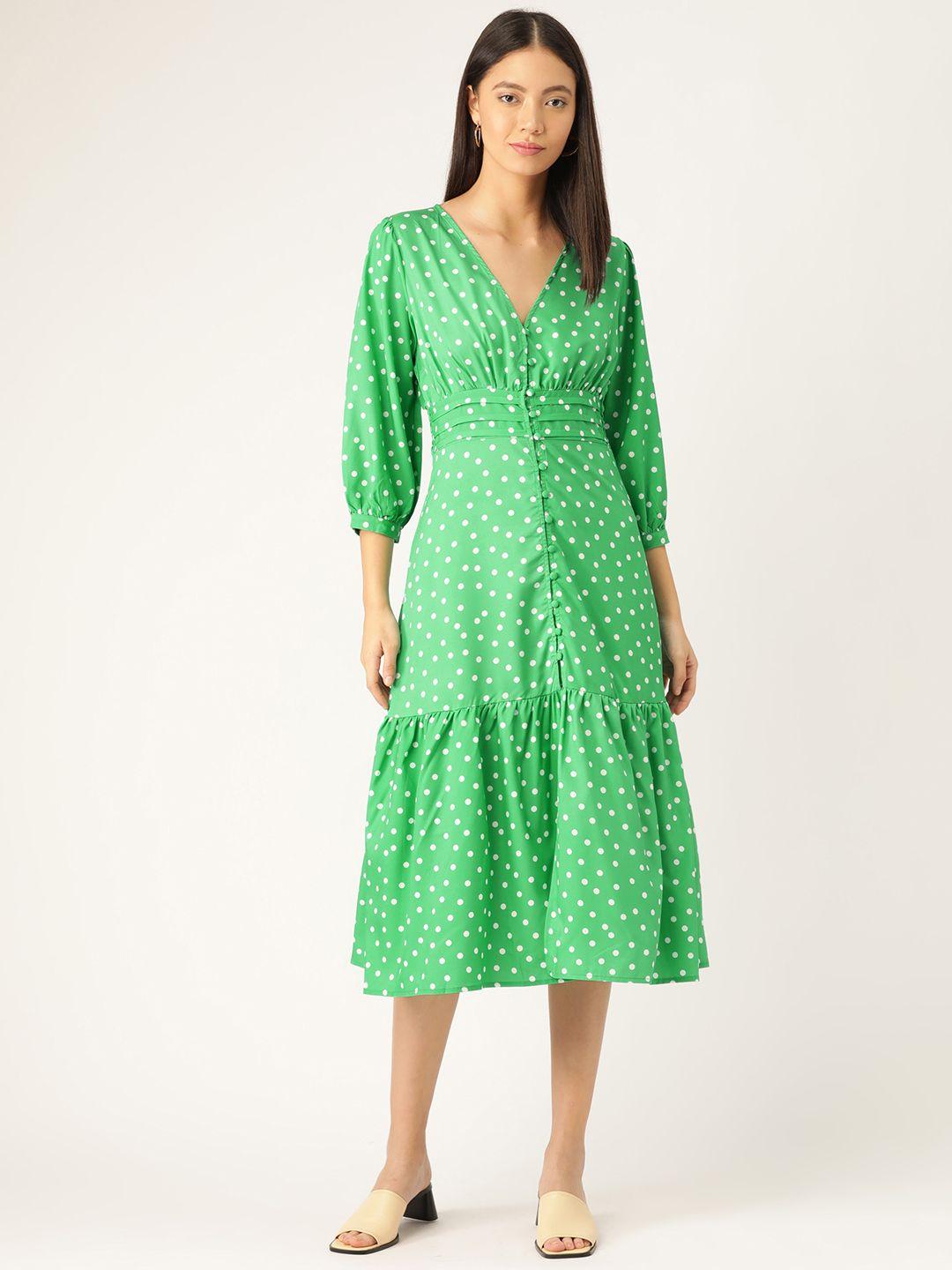 anvi be yourself women green & white polka dots printed empire dress