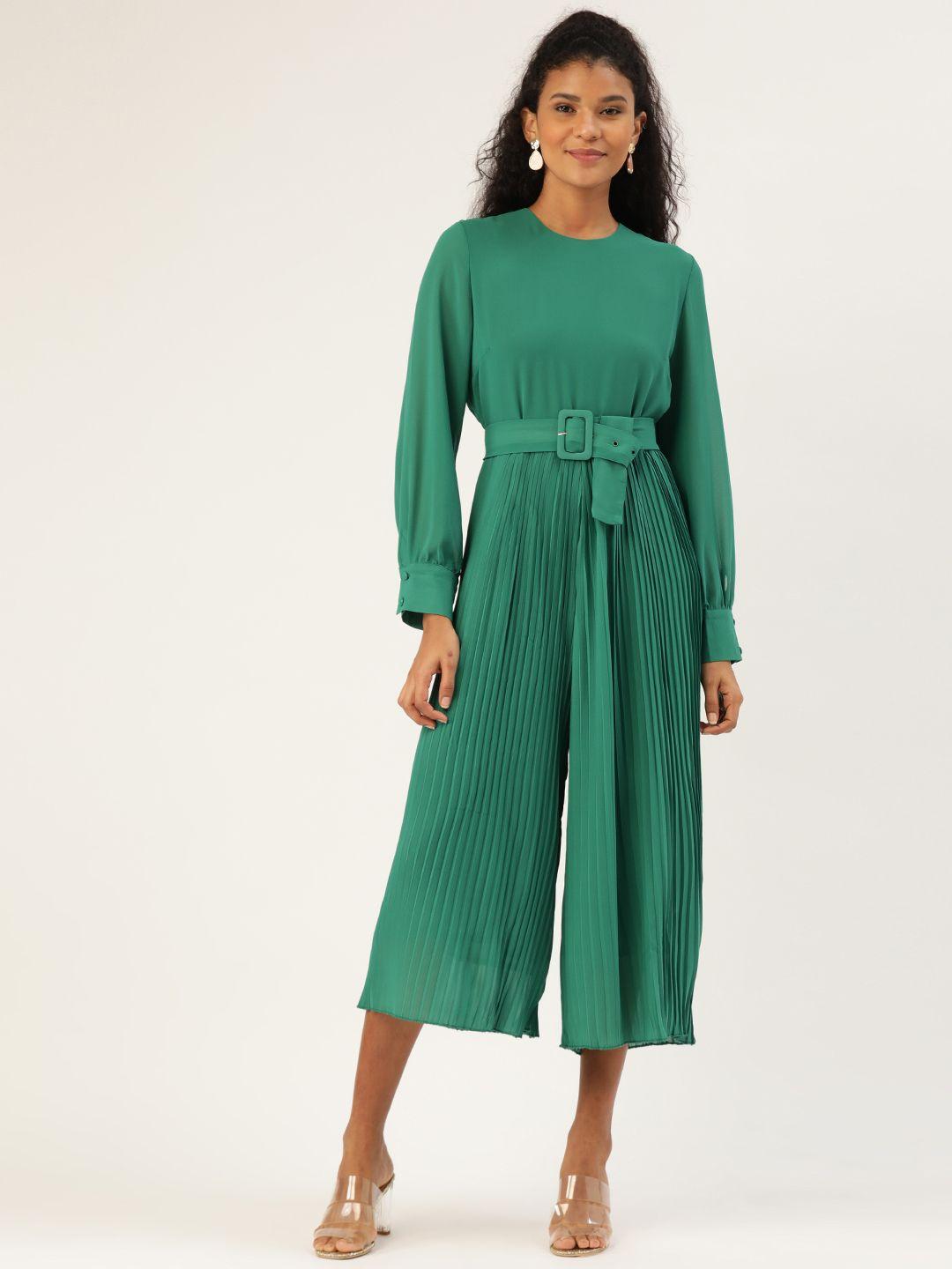 anvi be yourself women green solid accordion pleated capri jumpsuit with belt