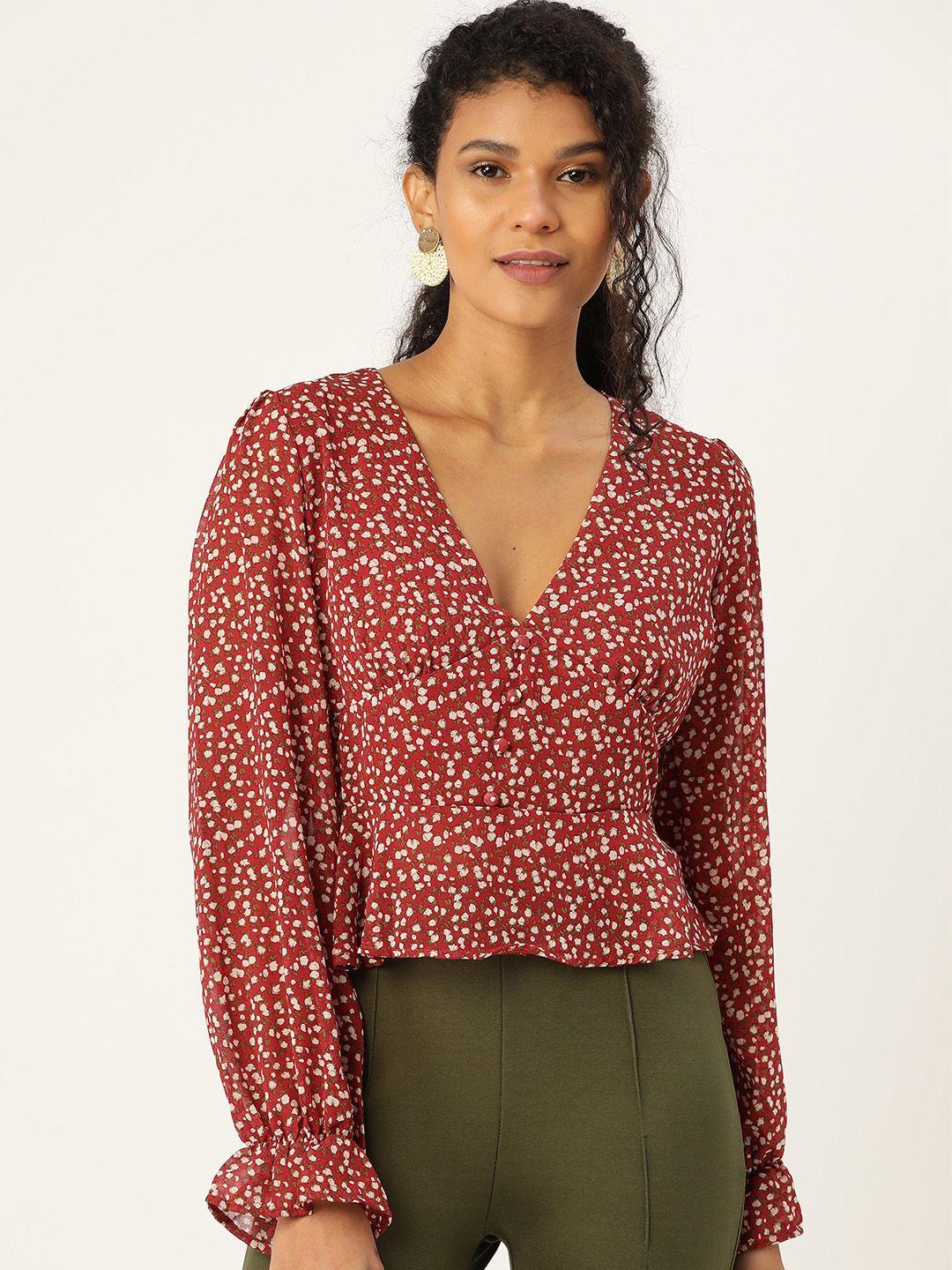 anvi be yourself women maroon & white floral print empire top