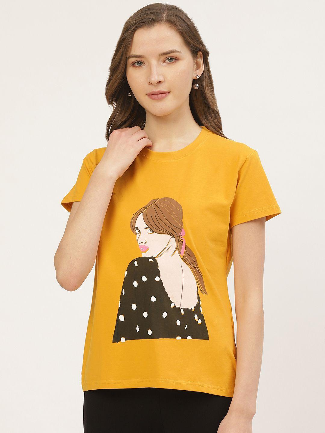 anvi be yourself women mustard yellow & black printed round neck t-shirt