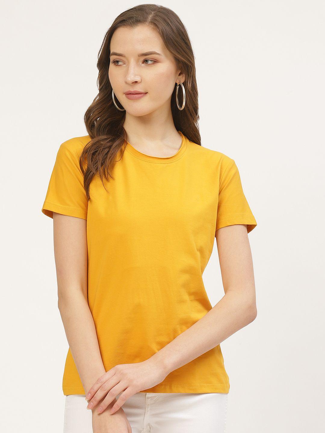 anvi be yourself women mustard yellow solid round neck t-shirt