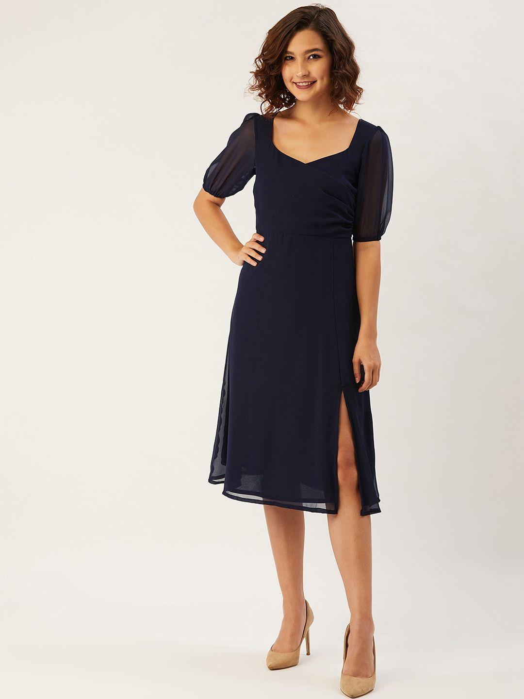 anvi be yourself women navy blue solid fit and flare dress