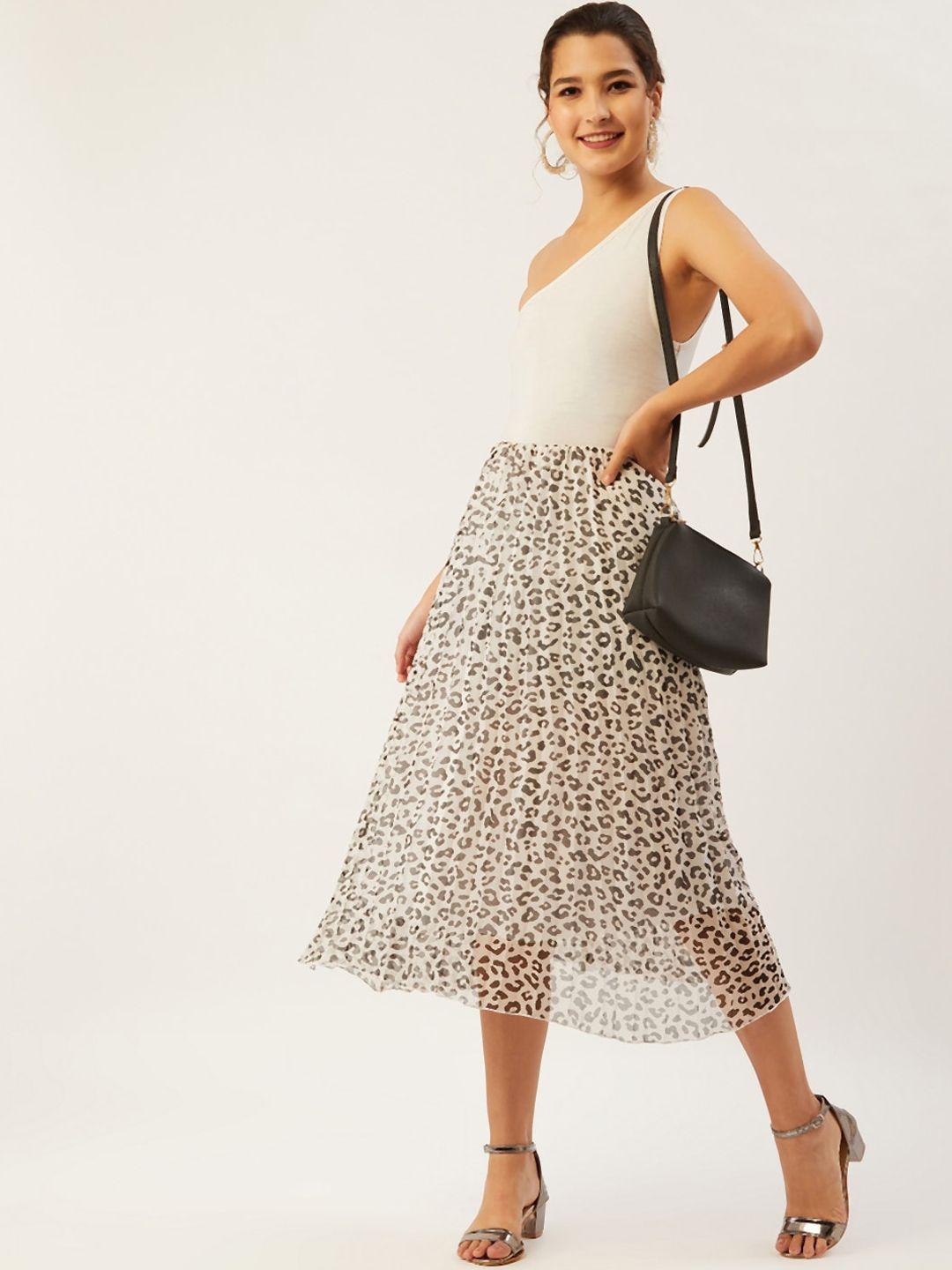 anvi be yourself women off-white & black animal printed pleated a-line midi skirt