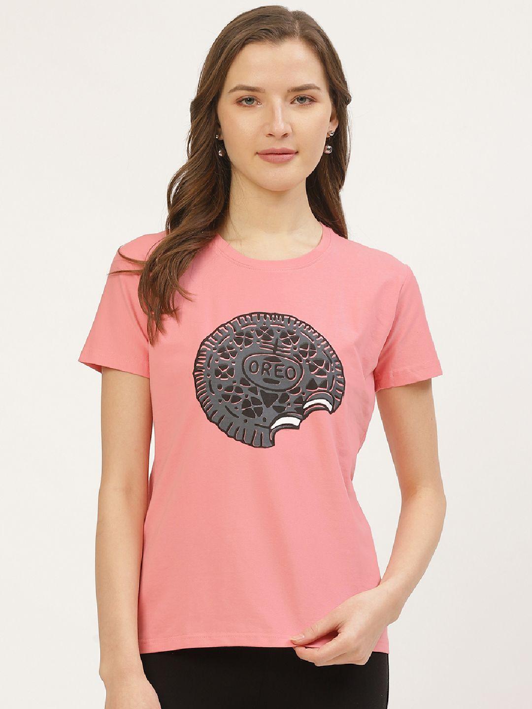 anvi be yourself women pink & charcoal grey printed round neck t-shirt