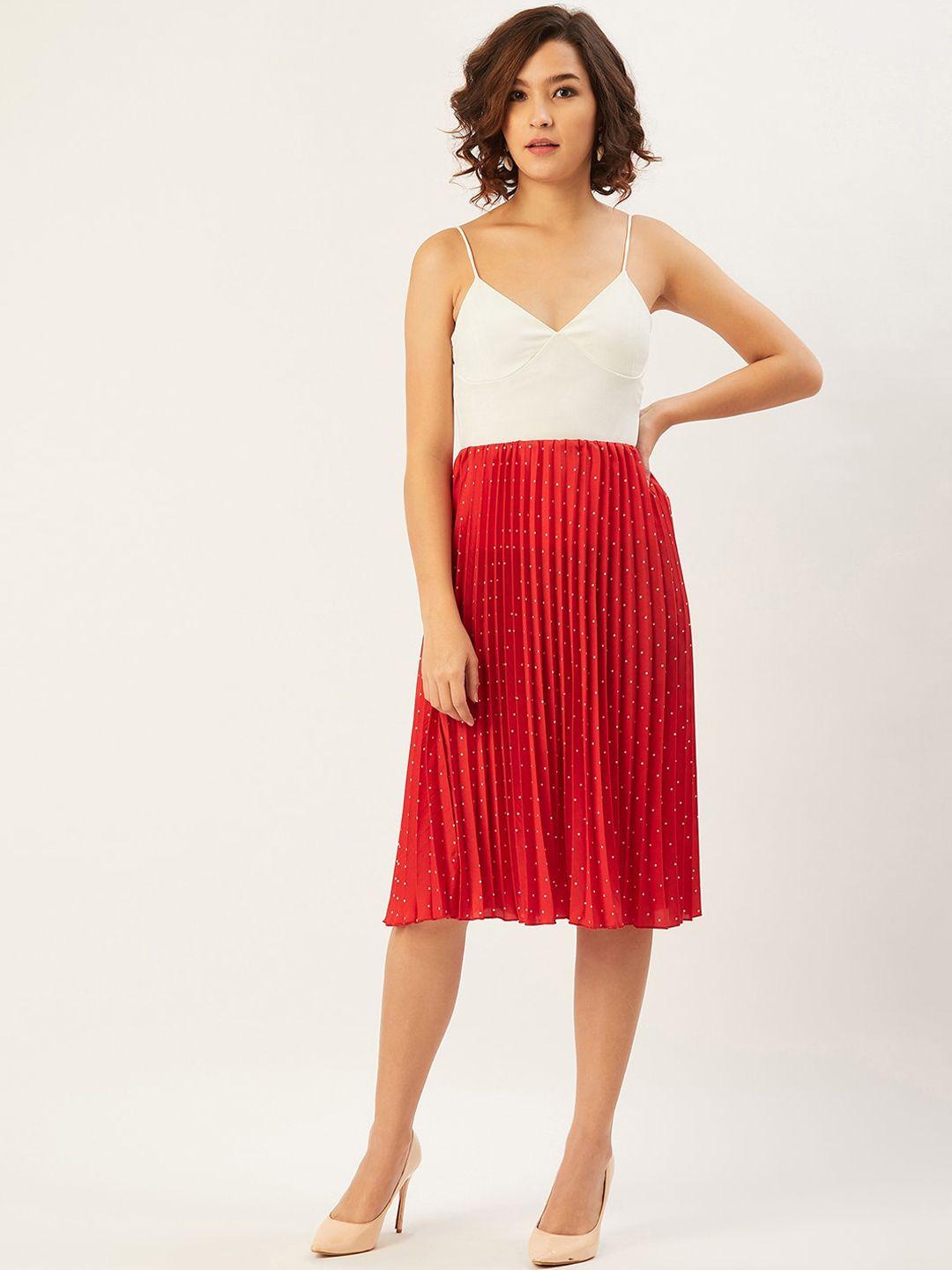 anvi be yourself women red & white printed pleated a-line midi skirt