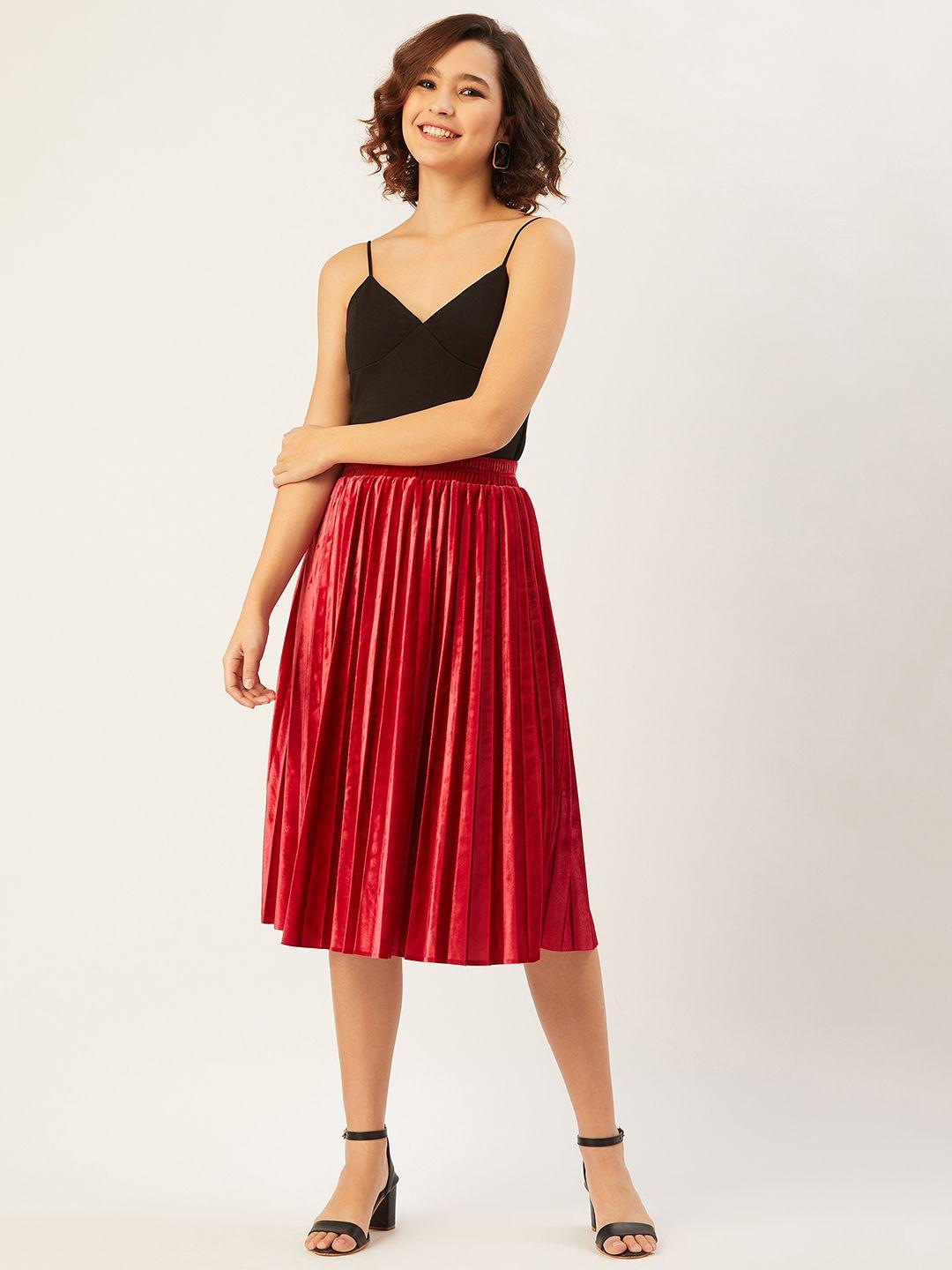 anvi be yourself women red solid accordion pleated flared midi skirt