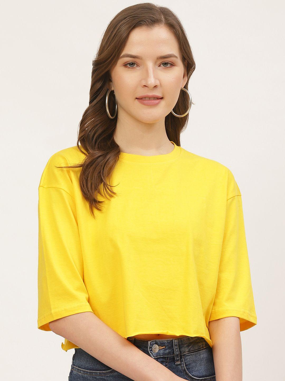 anvi be yourself women yellow solid round neck crop boxy t-shirt