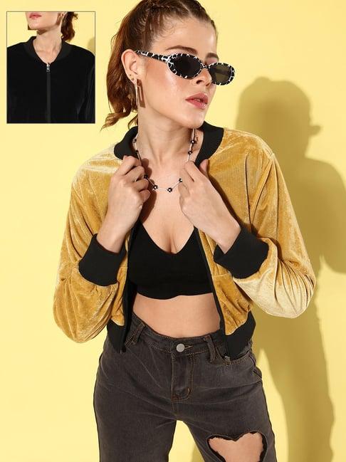 anvi be yourself yellow & black regular fit reversible cropped jacket