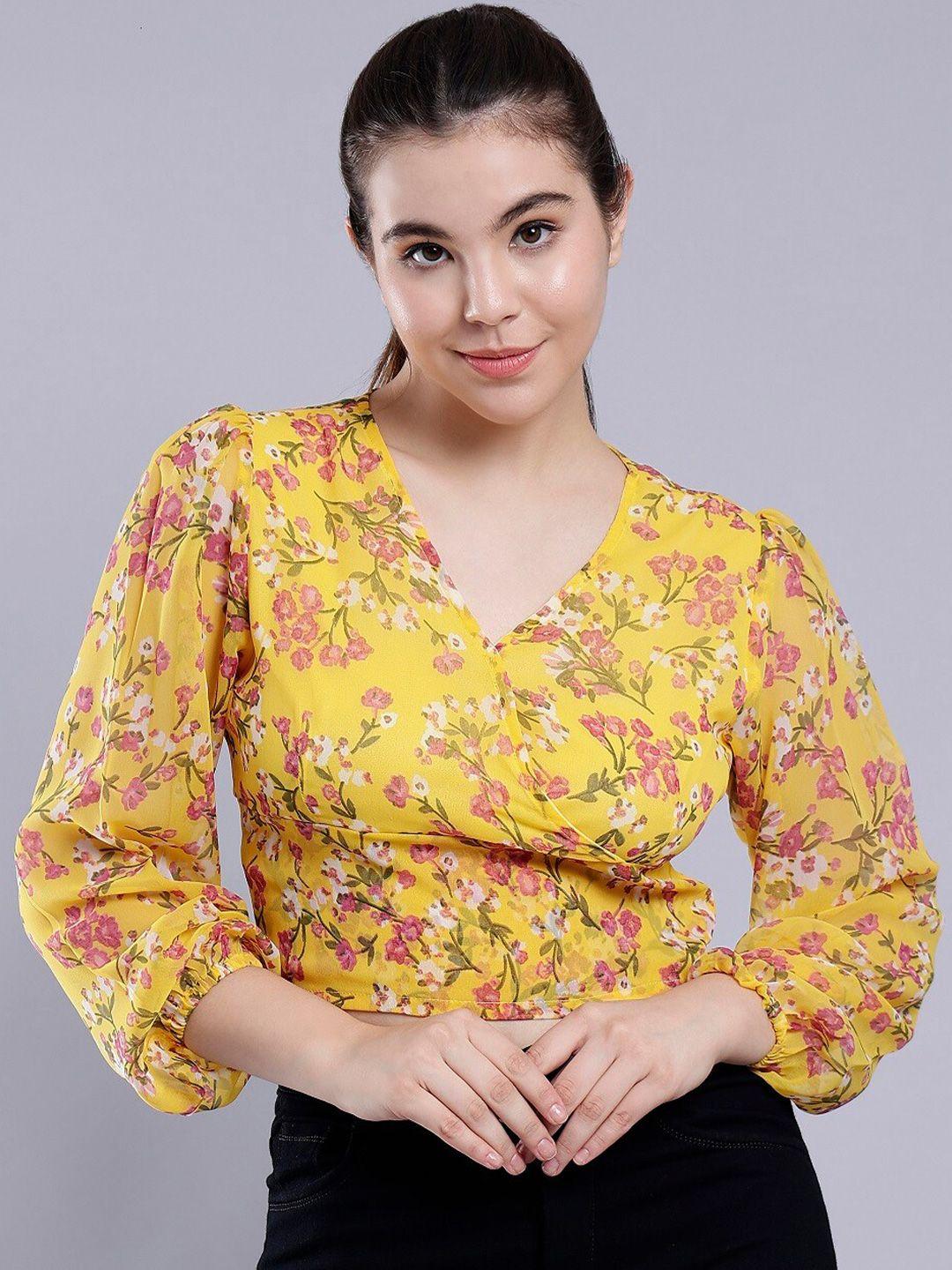 anvi be yourself yellow floral printed v-neck puff sleeves smocked wrap crop top