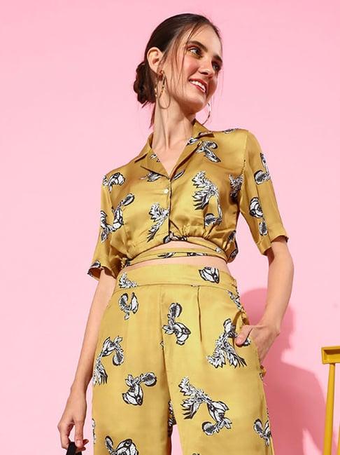 anvi be yourself yellow printed string knot top