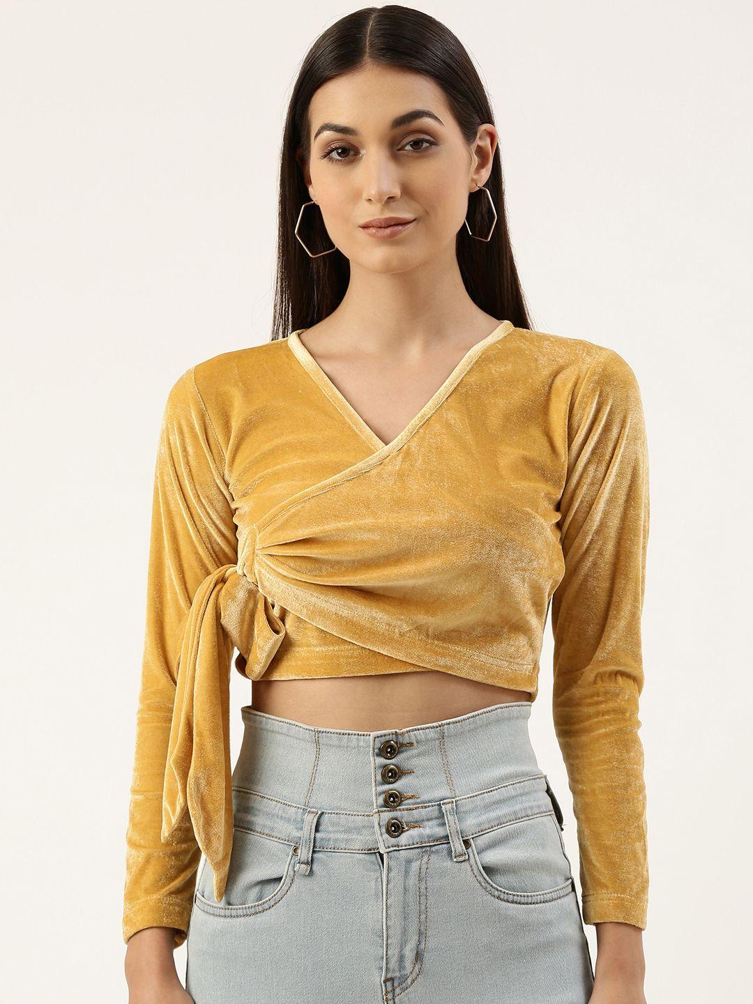 anvi be yourself yellow velvet wrap crop top