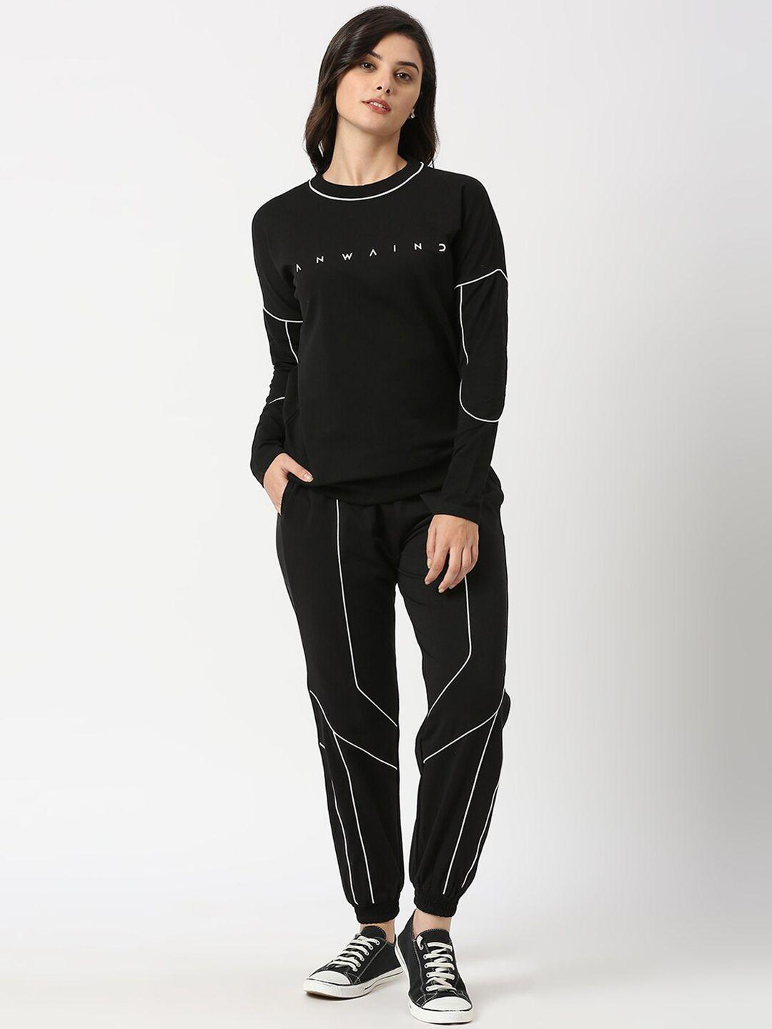 anwaind black round neck sweatshirt and joggers co-ords