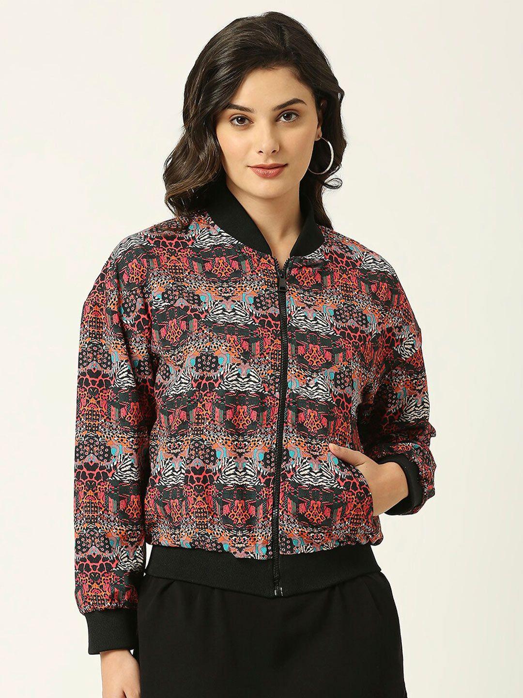 anwaind red abstract printed stand collar long sleeves bomber jacket