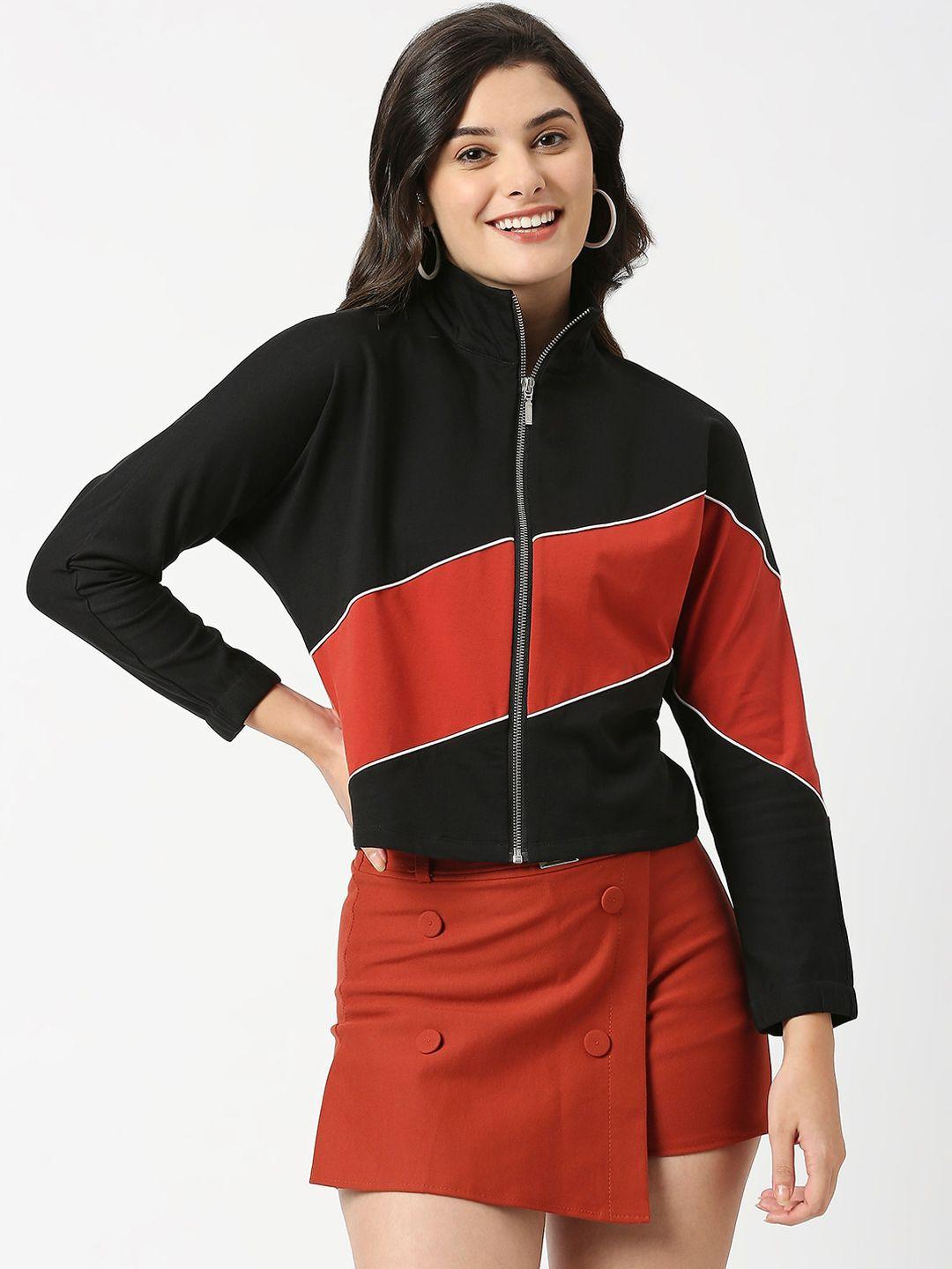 anwaind women black colourblocked crop tailored jacket