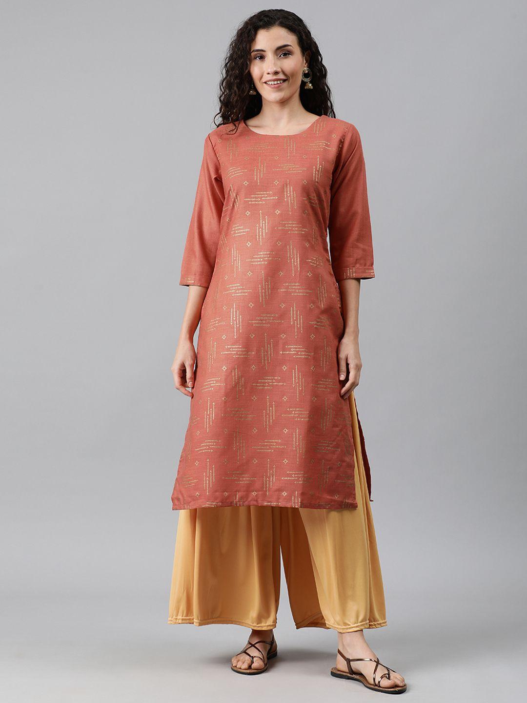 anyuka women brown & gold-toned printed straight kurta