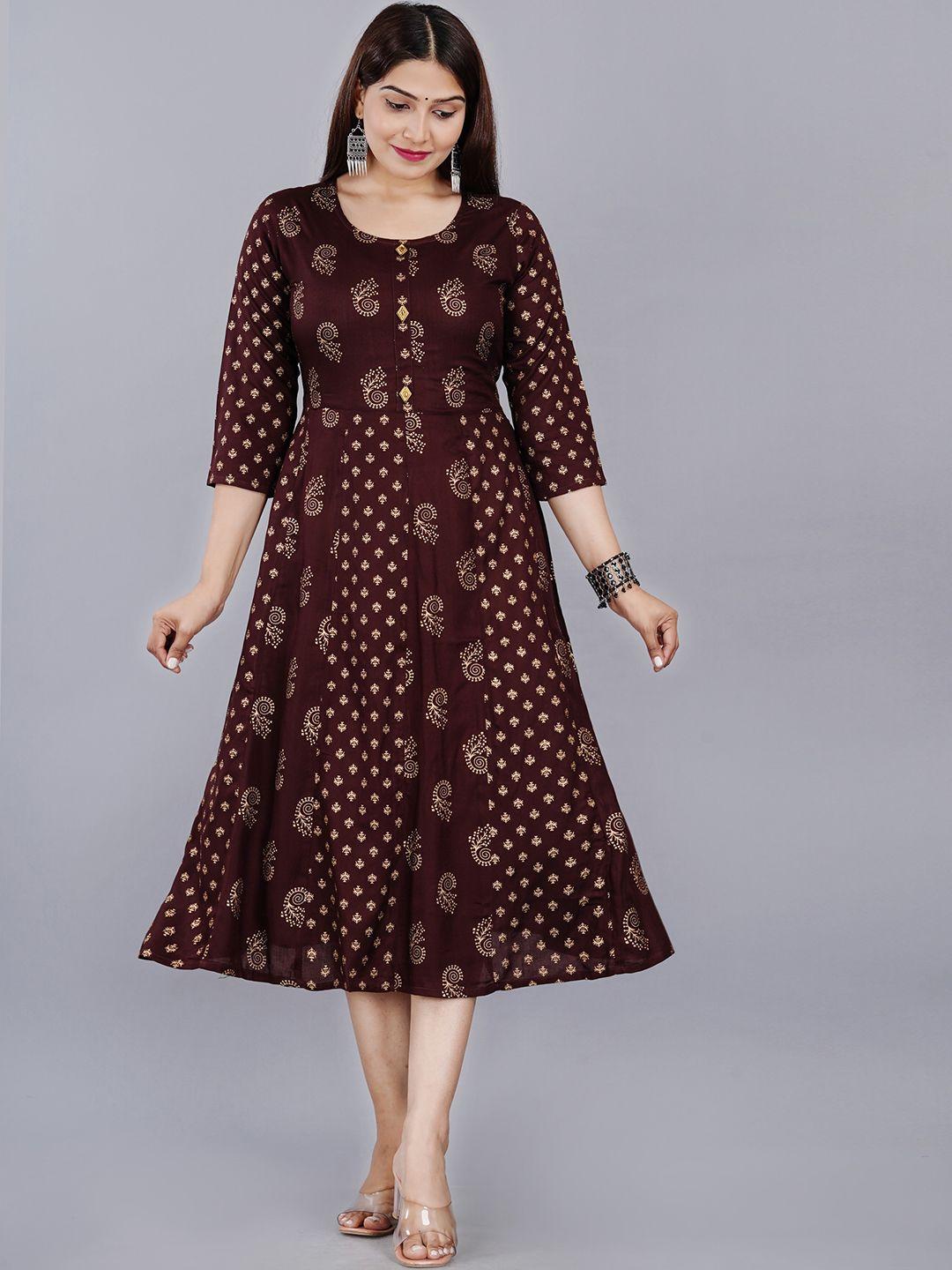 ao services ethnic motifs printed gathered fit & flare midi ethnic dress