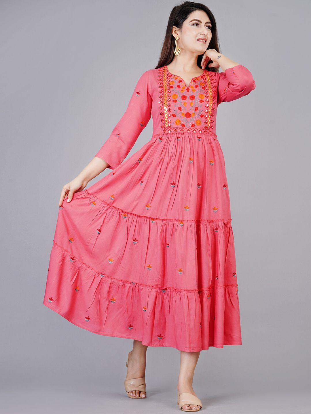 ao services floral embroidered v-neck gathered detailed a-line ethnic dress