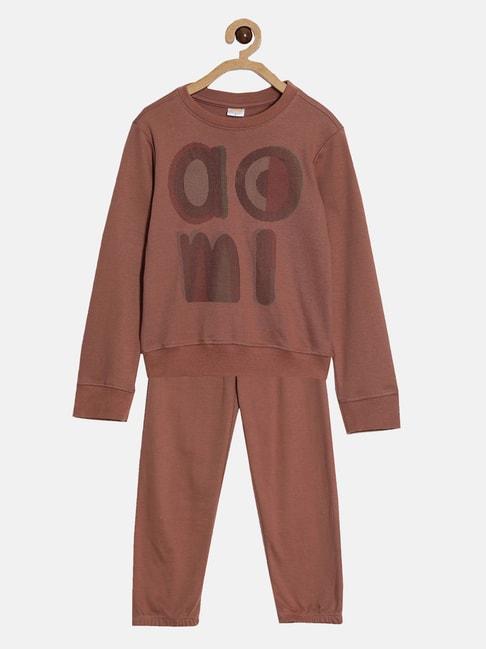 aomi kids brown printed full sleeves t-shirt with joggers