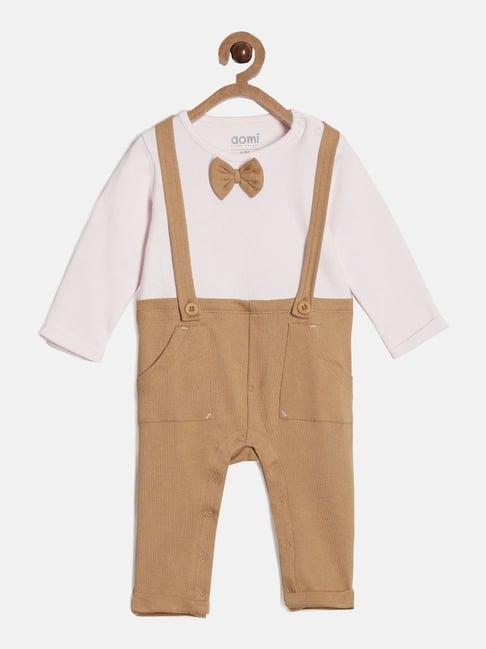 aomi kids pink & brown solid full sleeves romper with bowtie